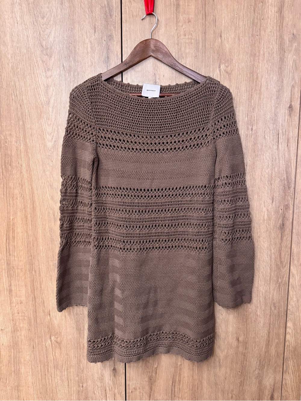 Reformation Women’s Boat Neck Long Sleeve Chunky Brown Open Knit Sweater S